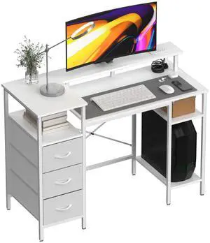 47 Inch L-Shaped Computer Desk, Small Computer Gaming Desk with Fabric Drawers & Storage Shelves, Charging Station, Monitor Stand for Home, Office, White 47 Inch L-Shaped Computer Desk, Small Computer Gaming Desk with Fabric Drawers & Storage Shelves, Charging Station, Monitor Stand for Home, Office, White
