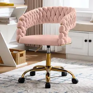Woven Home Office Chair, Velvet Upholstered Desk Chair with Open Back, Height Adjustable Task Chair, Office Armchair with Wheels, Vanity Chair, Computer Chair for Office, Studio (Pink) Woven Home Office Chair, Velvet Upholstered Desk Chair with Open Back, Height Adjustable Task Chair, Office Armchair with Wheels, Vanity Chair, Computer Chair for Office, Studio (Pink)