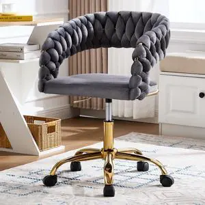 Woven Home Office Chair, Velvet Upholstered Desk Chair with Open Back, Height Adjustable Task Chair, Computer Chair with Wheels, Office Armchair, Vanity Chair for Office, Studio (Grey) Woven Home Office Chair, Velvet Upholstered Desk Chair with Open Back, Height Adjustable Task Chair, Computer Chair with Wheels, Office Armchair, Vanity Chair for Office, Studio (Grey)