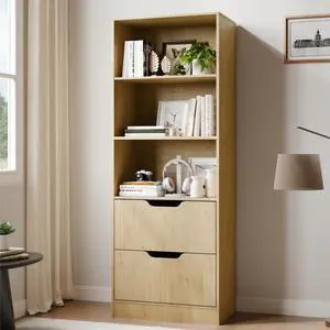 Bookcase with 2 Drawers, 3-Tier Bookshelf with Storage, 3 Shelf Bookshelf with Adjustable Shelf, Modern Bookshelf, Open Shelves for Study, Bedroom & Home Office, Natural Bookcase with 2 Drawers, 3-Tier Bookshelf with Storage, 3 Shelf Bookshelf with Adjustable Shelf, Modern Bookshelf, Open Shelves for Study, Bedroom & Home Office, Natural
