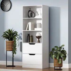 Bookcase with 2 Drawers, 63" 3-Tier Bookshelf with Storage, 3 Shelf Bookcase with Adjustable Shelf, Modern Bookshelf, Open Shelves Bookshelf for Study, Bedroom & Home Office, White Bookcase with 2 Drawers, 63" 3-Tier Bookshelf with Storage, 3 Shelf Bookcase with Adjustable Shelf, Modern Bookshelf, Open Shelves Bookshelf for Study, Bedroom & Home Office, White