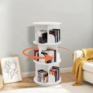 Wooden Rotating Bookshelf, White, 3 Tier Kids Bookshelf | 360° Spinning, For Kids & Small Spaces, Corner Shelf Storage Organizer, Multi-Functional Wooden Rotating Bookshelf, White, 3 Tier Kids Bookshelf | 360° Spinning, For Kids & Small Spaces, Corner Shelf Storage Organizer, Multi-Functional