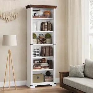 6-Tier Farmhouse Bookshelf, 73 inch Tall Book Shelf with Unique Design & 2 Adjustable Shelves, Wooden Bookshelf for Study Room, Living Room, Kitchen, Bedroom (White) 6-Tier Farmhouse Bookshelf, 73 inch Tall Book Shelf with Unique Design & 2 Adjustable Shelves, Wooden Bookshelf for Study Room, Living Room, Kitchen, Bedroom (White)