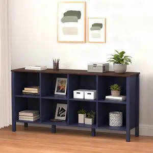 8-Cube Bookcase, Farmhouse Wooden Bookshelf Low Storage Organizer, 59" Horizontal Navy Blue Console with Legs, Hallway Book Case for Entryway, Display Cabinet for Living Room (Navy Blue, 8-Cube) 8-Cube Bookcase, Farmhouse Wooden Bookshelf Low Storage Organizer, 59" Horizontal Navy Blue Console with Legs, Hallway Book Case for Entryway, Display Cabinet for Living Room (Navy Blue, 8-Cube)