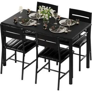 Dining Table Set for 4, Wood Kitchen Table with Upholstered Chairs for Kitchen & Dining Room, Compact Dining Set for Small Spaces, Black Dining Table Set for 4, Wood Kitchen Table with Upholstered Chairs for Kitchen & Dining Room, Compact Dining Set for Small Spaces, Black
