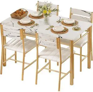 Dining Table Set for 4, Wood Kitchen Table with Upholstered Chairs for Kitchen & Dining Room, Compact Dining Set for Small Spaces, White & Gold Dining Table Set for 4, Wood Kitchen Table with Upholstered Chairs for Kitchen & Dining Room, Compact Dining Set for Small Spaces, White & Gold