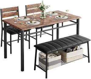 Dining Table Set for 4, Kitchen Table with Upholstered Bench and 2 Chairs, Kitchen Table and Chairs Set for Small Space, Apartment, Rustic Brown Dining Table Set for 4, Kitchen Table with Upholstered Bench and 2 Chairs, Kitchen Table and Chairs Set for Small Space, Apartment, Rustic Brown