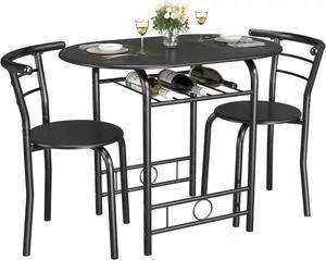 3-Piece Wooden Round Table & Chair Set, Space Saving Kitchen Breakfast Nook Wood Grain Tabletop with Metal Frame and Built-in Wine Rack for Kitchen, Dining Room (Black) 3-Piece Wooden Round Table & Chair Set, Space Saving Kitchen Breakfast Nook Wood Grain Tabletop with Metal Frame and Built-in Wine Rack for Kitchen, Dining Room (Black)