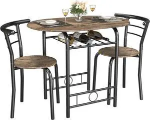 3-Piece Wooden Round Table & Chair Set, Space Saving Kitchen Breakfast Nook Wood Grain Tabletop with Metal Frame and Built-in Wine Rack for Kitchen, Dining Room (Walnut/Black) 3-Piece Wooden Round Table & Chair Set, Space Saving Kitchen Breakfast Nook Wood Grain Tabletop with Metal Frame and Built-in Wine Rack for Kitchen, Dining Room (Walnut/Black)