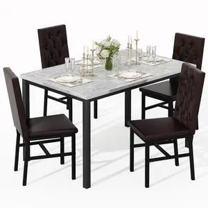 Dining Table Set for 4, Faux Marble Small Kitchen Table Chairs Set of 4 with Luxurious Button Tufted Dinner Chairs for Kitchen and Dining(Brown) Dining Table Set for 4, Faux Marble Small Kitchen Table Chairs Set of 4 with Luxurious Button Tufted Dinner Chairs for Kitchen and Dining(Brown)