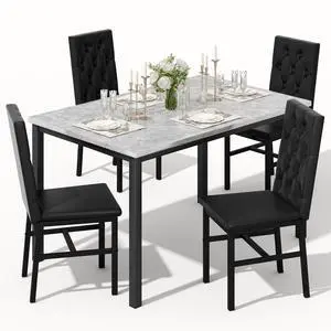 Dining Table Set for 4, Faux Marble Small Kitchen Table Chairs Set of 4 with Luxurious Button Tufted Dinner Chairs for Kitchen and Dining (Gray) Dining Table Set for 4, Faux Marble Small Kitchen Table Chairs Set of 4 with Luxurious Button Tufted Dinner Chairs for Kitchen and Dining (Gray)
