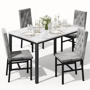Dining Table Set for 4, Faux Marble Small Kitchen Table Chairs Set of 4 with Luxurious Button Tufted Dinner Chairs for Kitchen and Dining Dining Table Set for 4, Faux Marble Small Kitchen Table Chairs Set of 4 with Luxurious Button Tufted Dinner Chairs for Kitchen and Dining