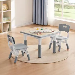 Kids Study Table and Chairs Set, Height Adjustable Toddler Table and Chair Set for Kids Ages 3-8, 23.6" L x 23.6" W Graffiti Desktop Plastic Children Art Table with 2 Seats, W-Grey Kids Study Table and Chairs Set, Height Adjustable Toddler Table and Chair Set for Kids Ages 3-8, 23.6" L x 23.6" W Graffiti Desktop Plastic Children Art Table with 2 Seats, W-Grey