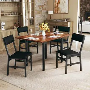 Dining Table Set for 4, Extendable Kitchen Table Cushion Chairs Set of 4, Rectangle Dining Table with Metal Frame & MDF Board, Folding for Small Apartment Saving Space, Rustic Brown Dining Table Set for 4, Extendable Kitchen Table Cushion Chairs Set of 4, Rectangle Dining Table with Metal Frame & MDF Board, Folding for Small Apartment Saving Space, Rustic Brown