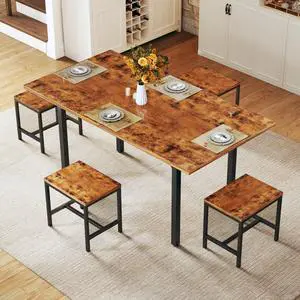 Dining Table Set for 4, Extendable Kitchen Table Chairs Set of 4, Rectangle Dining Table with Metal Frame & MDF Board, Folding for Small Apartment Saving Space, Rustic Brown Dining Table Set for 4, Extendable Kitchen Table Chairs Set of 4, Rectangle Dining Table with Metal Frame & MDF Board, Folding for Small Apartment Saving Space, Rustic Brown