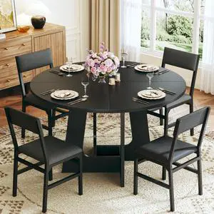 Round Dining Table Set for 4, 5-Piece Kitchen Table and Chairs for 4, 47'' Round Dining Room Table Set with 4 Chairs, Space Saving Dining Table with Wood Base for Kitchen, Living Room, Black Round Dining Table Set for 4, 5-Piece Kitchen Table and Chairs for 4, 47'' Round Dining Room Table Set with 4 Chairs, Space Saving Dining Table with Wood Base for Kitchen, Living Room, Black