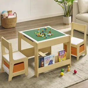 Kids Table and Chair Set, 3 in 1 Wooden Activity Table with Storage Drawer for Toddlers Drawing, Reading, Crafts, 2 in 1 Detachable Tabletop Table Set for Nursery, Playroom (Natural & White) Kids Table and Chair Set, 3 in 1 Wooden Activity Table with Storage Drawer for Toddlers Drawing, Reading, Crafts, 2 in 1 Detachable Tabletop Table Set for Nursery, Playroom (Natural & White)