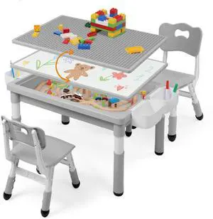 Kids Table and Chairs Set Large Storage, Height Adjustable Toddler Activity Table and 2 Chairs Set, 34.6x24.8" Graffiti/Block Building Desktop, 4 Side Boxes, Kids desk for Home, Preschool, Classroom Kids Table and Chairs Set Large Storage, Height Adjustable Toddler Activity Table and 2 Chairs Set, 34.6x24.8" Graffiti/Block Building Desktop, 4 Side Boxes, Kids desk for Home, Preschool, Classroom