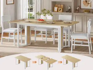 5-Piece Dining Table Set for 4-6 People, 63" Extendable Kitchen Table and 4 Cushion Chairs, Dining Room Table with MDF Board & Metal Frame for Small Space, Easy Clean, Natural 5-Piece Dining Table Set for 4-6 People, 63" Extendable Kitchen Table and 4 Cushion Chairs, Dining Room Table with MDF Board & Metal Frame for Small Space, Easy Clean, Natural