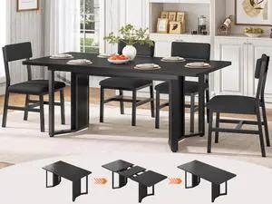 5-Piece Dining Table Set for 4-6 People, 63" Extendable Kitchen Table and 4 Cushion Chairs, Dining Room Table with MDF Board & Metal Frame for Small Space, Easy Clean, Black 5-Piece Dining Table Set for 4-6 People, 63" Extendable Kitchen Table and 4 Cushion Chairs, Dining Room Table with MDF Board & Metal Frame for Small Space, Easy Clean, Black