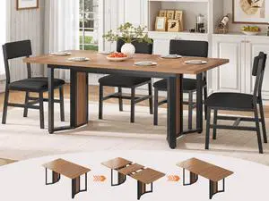 5-Piece Dining Table Set for 4-6 People, 63" Extendable Kitchen Table and 4 Cushion Chairs, Dining Room Table with MDF Board & Metal Frame for Small Space, Easy Clean, Brown 5-Piece Dining Table Set for 4-6 People, 63" Extendable Kitchen Table and 4 Cushion Chairs, Dining Room Table with MDF Board & Metal Frame for Small Space, Easy Clean, Brown