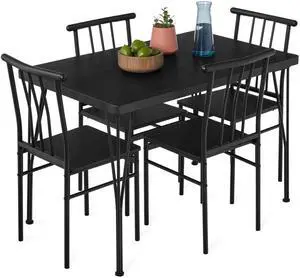 5-Piece Metal and Wood Indoor Modern Rectangular Dining Table Furniture Set for Kitchen, Dining Room, Dinette, Breakfast Nook w/ 4 Chairs - Black 5-Piece Metal and Wood Indoor Modern Rectangular Dining Table Furniture Set for Kitchen, Dining Room, Dinette, Breakfast Nook w/ 4 Chairs - Black