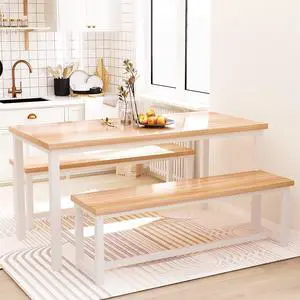 Dining Room Table Set with 2 Benches, Farmhouse Dining Table Set for 4-6, Wood Breakfast Table Set Dinner Table Set Kitchen Table and Chairs for Breakfast Nook Small Spaces, Beige Dining Room Table Set with 2 Benches, Farmhouse Dining Table Set for 4-6, Wood Breakfast Table Set Dinner Table Set Kitchen Table and Chairs for Breakfast Nook Small Spaces, Beige