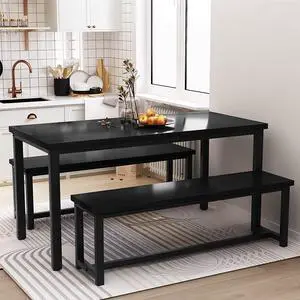 Dining Room Table Set with 2 Benches, Farmhouse Dining Table Set for 4-6, Wood Breakfast Table Set Dinner Table Set Kitchen Table and Chairs for Breakfast Nook Small Spaces, Black Dining Room Table Set with 2 Benches, Farmhouse Dining Table Set for 4-6, Wood Breakfast Table Set Dinner Table Set Kitchen Table and Chairs for Breakfast Nook Small Spaces, Black
