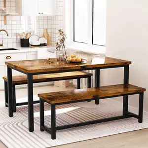 Dining Room Table Set with 2 Benches, Farmhouse Dining Table Set for 4-6, Wood Breakfast Table Set Dinner Table Set Kitchen Table and Chairs for Breakfast Nook Small Spaces, Brown Dining Room Table Set with 2 Benches, Farmhouse Dining Table Set for 4-6, Wood Breakfast Table Set Dinner Table Set Kitchen Table and Chairs for Breakfast Nook Small Spaces, Brown