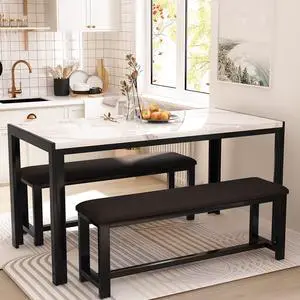 Dining Room Table Set with 2 Benches, Dining Table Set for 4-6, Dinner Table Set for 4, Faux Marble Breakfast Table Set & PU Leather Upholstered Benches for Small Spaces, Apartment, White Dining Room Table Set with 2 Benches, Dining Table Set for 4-6, Dinner Table Set for 4, Faux Marble Breakfast Table Set & PU Leather Upholstered Benches for Small Spaces, Apartment, White