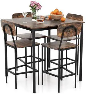 5-Piece Dining Table Set W/Counter Height Table & 4 Bar Stools, Industrial Kitchen Dining Set W/Footrest & Backrest, Space-Saving Dinette Set for Pub, Dining Room, Restaurant (Mix Brown) 5-Piece Dining Table Set W/Counter Height Table & 4 Bar Stools, Industrial Kitchen Dining Set W/Footrest & Backrest, Space-Saving Dinette Set for Pub, Dining Room, Restaurant (Mix Brown)