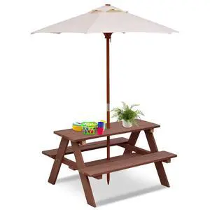 Kids Picnic Table, Outdoor Wooden Bench Set w/Removable Umbrella, Children Backyard Furniture for Patio Garden, Toddler Picnic Table for Outdoors, Gift for Boys Girls, Walnut Kids Picnic Table, Outdoor Wooden Bench Set w/Removable Umbrella, Children Backyard Furniture for Patio Garden, Toddler Picnic Table for Outdoors, Gift for Boys Girls, Walnut