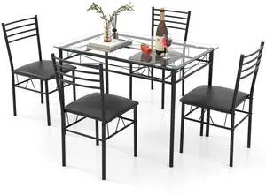 5 Piece Dining Table Set, Kitchen Dining Set with Tempered Glass Table Top and 4 Upholstered Chairs, Dinette Set for 4 for Breakfast Nook Dining Room Kitchen (Black) 5 Piece Dining Table Set, Kitchen Dining Set with Tempered Glass Table Top and 4 Upholstered Chairs, Dinette Set for 4 for Breakfast Nook Dining Room Kitchen (Black)