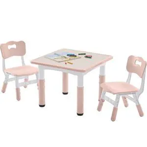 Kids Table and 2 Chairs Set, Height-Adjustable Toddler Table and Chair Set with Graffiti Desktop, 23.6''L x 23.6''W Children Activity Table for Daycare, Classroom, Home Kids Table and 2 Chairs Set, Height-Adjustable Toddler Table and Chair Set with Graffiti Desktop, 23.6''L x 23.6''W Children Activity Table for Daycare, Classroom, Home