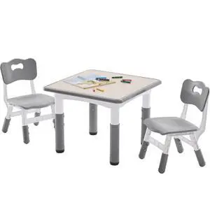 Kids Table and 2 Chairs Set, Height-Adjustable Toddler Table and Chairs Set with Graffiti Desktop, 23.6''L x 23.6''W Children Activity Table for Daycare, Classroom, Home, Grey-w Kids Table and 2 Chairs Set, Height-Adjustable Toddler Table and Chairs Set with Graffiti Desktop, 23.6''L x 23.6''W Children Activity Table for Daycare, Classroom, Home, Grey-w