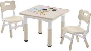 Kids Table and 2 Chairs Set, Height-Adjustable Toddler Table and Chairs Set with Graffiti Desktop, 23.6''L x 23.6''W Children Activity Table for Daycare, Classroom, Home, Burlywood-w Kids Table and 2 Chairs Set, Height-Adjustable Toddler Table and Chairs Set with Graffiti Desktop, 23.6''L x 23.6''W Children Activity Table for Daycare, Classroom, Home, Burlywood-w