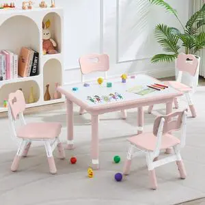 Kids Table and 4 Chairs Set, Height Adjustable (17.7"-26.1") Toddler Table and Chair Set, Multi-Activity Table with Graffiti Desktop, Childrens Table and Chairs for Classroom, Home & Daycare Kids Table and 4 Chairs Set, Height Adjustable (17.7"-26.1") Toddler Table and Chair Set, Multi-Activity Table with Graffiti Desktop, Childrens Table and Chairs for Classroom, Home & Daycare