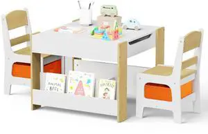 Kids Wood Table & 2 Chairs Set, Blackboard,Bookshelf, Natural | 4 in 1 Children Activity Table w/Storage, Studying, Drawing, Toddler Furniture Set for Playroom, Daycare, Home, 3 Years+ Kids Wood Table & 2 Chairs Set, Blackboard,Bookshelf, Natural | 4 in 1 Children Activity Table w/Storage, Studying, Drawing, Toddler Furniture Set for Playroom, Daycare, Home, 3 Years+
