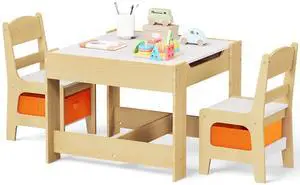 Kids Wood Table & 2 Chairs Set, Blackboard, Storage, Natural | 3 in 1 Children Activity Table, Studying, Drawing, Toddler Furniture Set for Playroom, Classroom, Daycare, Home, 3 Years+ Kids Wood Table & 2 Chairs Set, Blackboard, Storage, Natural | 3 in 1 Children Activity Table, Studying, Drawing, Toddler Furniture Set for Playroom, Classroom, Daycare, Home, 3 Years+