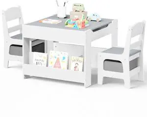 Kids Wood Table & 2 Chairs Set, Blackboard,Bookshelf, Grey | 4 in 1 Children Activity Table w/Storage, Studying, Drawing, Toddler Furniture Set for Playroom, Daycare, Home, 3 Years+ Kids Wood Table & 2 Chairs Set, Blackboard,Bookshelf, Grey | 4 in 1 Children Activity Table w/Storage, Studying, Drawing, Toddler Furniture Set for Playroom, Daycare, Home, 3 Years+