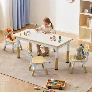 Toddler Table and Chairs Set for 4, 47.2''L x 23.6''W Kids Study Table and Chair Set, Height-Adjustable, Graffiti Desktop, Children Activity Table for Daycare, Classroom, Home Toddler Table and Chairs Set for 4, 47.2''L x 23.6''W Kids Study Table and Chair Set, Height-Adjustable, Graffiti Desktop, Children Activity Table for Daycare, Classroom, Home
