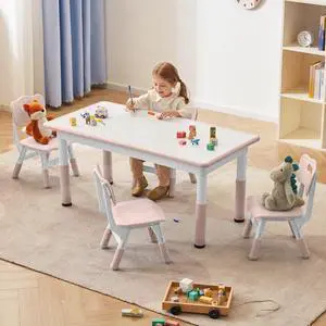 Toddler Table and Chairs Set for 4, 47.2''L x 23.6''W Kids Study Table and Chair Set, Height-Adjustable, Graffiti Desktop, Children Activity Table for Daycare, Classroom, Home Toddler Table and Chairs Set for 4, 47.2''L x 23.6''W Kids Study Table and Chair Set, Height-Adjustable, Graffiti Desktop, Children Activity Table for Daycare, Classroom, Home