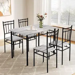Rectangular Dining Room Table Set with 4 Chairs, Space-Saving Kitchen Table Set for Small Space, Retro Grey Rectangular Dining Room Table Set with 4 Chairs, Space-Saving Kitchen Table Set for Small Space, Retro Grey