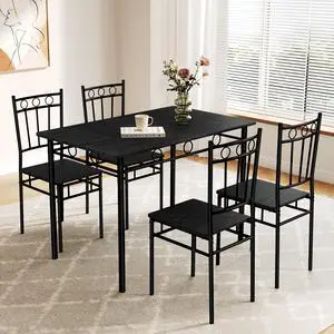 Dining Table Set for 4, 5-Piece Kitchen Table and Chairs, Rectangular Dining Room Table Set with 4 Chairs, Space-Saving Kitchen Table Set for Small Space,Dinette,Apartment,Pure Black Dining Table Set for 4, 5-Piece Kitchen Table and Chairs, Rectangular Dining Room Table Set with 4 Chairs, Space-Saving Kitchen Table Set for Small Space,Dinette,Apartment,Pure Black