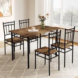 Dining Table Set for 4, 5-Piece Kitchen Table and Chairs, Rectangular Dining Room Table Set with 4 Chairs, Space-Saving Kitchen Table Set for Small Space,Dinette,Apartment,Retro Brown Dining Table Set for 4, 5-Piece Kitchen Table and Chairs, Rectangular Dining Room Table Set with 4 Chairs, Space-Saving Kitchen Table Set for Small Space,Dinette,Apartment,Retro Brown