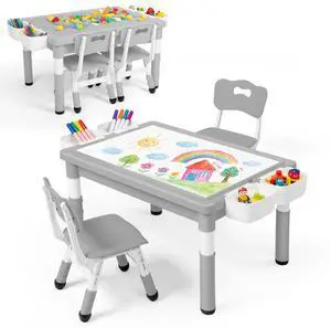 Kids Table & 2 Chairs Set, Adjustable Heights, Storage, Grey | Graffiti & Building Blocks Tabletop, Children Activity Table Toddler Furniture Set for Playroom, Daycare, Home, Age 3+ Kids Table & 2 Chairs Set, Adjustable Heights, Storage, Grey | Graffiti & Building Blocks Tabletop, Children Activity Table Toddler Furniture Set for Playroom, Daycare, Home, Age 3+