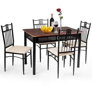 5 Pieces Dining Table and Chairs Set, Vintage Retro Wood Top Metal Frame Padded Seat Dining Table Set Home Kitchen Dining Room Furniture 5 Pieces Dining Table and Chairs Set, Vintage Retro Wood Top Metal Frame Padded Seat Dining Table Set Home Kitchen Dining Room Furniture