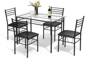 Dining Table Set, 5 Pieces Dining Set with Tempered Glass Top Table and 4 Chairs, Kitchen Dining Room Furniture, Black Dining Table Set, 5 Pieces Dining Set with Tempered Glass Top Table and 4 Chairs, Kitchen Dining Room Furniture, Black