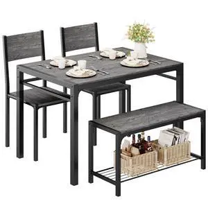 Kitchen Table and 2 Chairs for 4 with Bench, 4 Piece Dining Sets for Small Space, Dark Grey Kitchen Table and 2 Chairs for 4 with Bench, 4 Piece Dining Sets for Small Space, Dark Grey