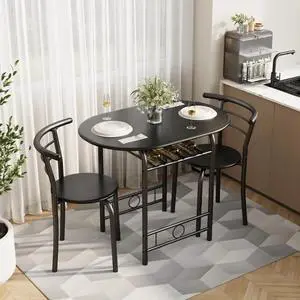 3-Piece Wooden Dining Table Set, Kitchen Breakfast Nook Sets with 2 Chairs & Round Tabletop, Space Saving Furniture Metal Frame and Built-in Wine Rack, Black 3-Piece Wooden Dining Table Set, Kitchen Breakfast Nook Sets with 2 Chairs & Round Tabletop, Space Saving Furniture Metal Frame and Built-in Wine Rack, Black